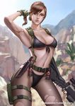  1girl armpits bikini breasts brown_hair explosive grenade gun knife metal_gear_(series) metal_gear_solid_v muscle navel pantyhose quiet_(metal_gear) solo standing stomach strap swimsuit torn_pantyhose weapon zumi_(zumidraws) 