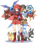  back-to-back bandana blue_eyes blue_hair brown_eyes brown_hair carvanha crop_top full_body gen_1_pokemon gen_3_pokemon gloves grin highres holding holding_poke_ball hood hoodie horned_headwear legwear_under_shorts multiple_girls numel pantyhose pantyhose_under_shorts poke_ball pokemon pokemon_(creature) pokemon_(game) pokemon_oras poochyena red_gloves ribbed_sweater shirt short_hair shorts smile striped striped_legwear striped_shirt sweater team_aqua team_aqua_grunt team_magma team_magma_grunt throwing_poke_ball tm_(hanamakisan) uniform zubat 