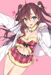  blue_eyes breasts brown_hair cleavage heart heart-shaped_pupils highres ichinose_shiki idolmaster idolmaster_cinderella_girls long_hair looking_at_viewer medium_breasts navel sleeves_past_wrists solo symbol-shaped_pupils yuran 