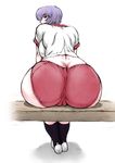  1girl ass ayanami_rei blue_hair buruma butt_crack cameltoe curvy female from_behind gym_uniform hips huge_ass looking_at_viewer looking_back mogudan neon_genesis_evangelion plump short_hair simple_background solo thick white_background wide_hips 