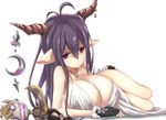 antenna_hair breasts cleavage closed_mouth crescent danua doll draph dress fingerless_gloves full_body gloves granblue_fantasy hair_between_eyes haishiki horn_ornament horns jewelry large_breasts long_hair looking_at_viewer lying necklace on_side pointy_ears purple_hair red_eyes simple_background solo white_background 