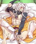  1boy anal anal_object_insertion ass curled_toes fangs kogitsunemaru long_hair looking_at_viewer male_focus nagatekkou object_insertion on_back penis pov sex_toy shrug_(clothing) touken_ranbu uchiko white_hair 