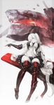  absurdres aircraft_carrier_hime boots breasts gauntlets hair_between_breasts highres kantai_collection labombardier! large_breasts long_hair pointing red_eyes shinkaisei-kan side_ponytail sitting smile solo thigh_boots thighhighs very_long_hair white_hair white_skin 