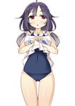  apron apron_lift bad_id bad_pixiv_id kankitsunabe_(citrus) kantai_collection long_hair low_twintails one-piece_swimsuit purple_hair red_eyes school_swimsuit solo swimsuit taigei_(kantai_collection) twintails 