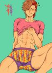  1boy :9 abs aqua_background arm_support briefs hair_over_one_eye licking_lips looking_at_viewer medo_kyun muscle sengoku_basara shima_sakon_(sengoku_basara) shirt_lift simple_background tongue_out underwear undressing 