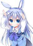  animal_ears arms_up blue_eyes blue_hair blush bow bunny_ears bunny_pose bunny_tail esureki gochuumon_wa_usagi_desu_ka? hair_ornament hairclip highres kafuu_chino long_hair long_sleeves looking_at_viewer pose rabbit_house_uniform shirt silver_hair skirt solo tail vest waitress x_hair_ornament 