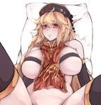  bad_id bad_pixiv_id black_legwear blonde_hair bottomless breasts covered_nipples hat huge_breasts junko_(touhou) long_hair looking_at_viewer naked_tabard out-of-frame_censoring poini_(king-scarlet-dead) red_eyes simple_background solo spread_legs tabard thighhighs touhou white_background 
