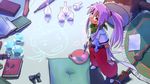  arche_klein book broom chester_barklight crystal_ball gloves hammer long_hair neko_(hansinn) paintbrush palette pillow ponytail purple_eyes purple_hair scissors scroll tales_of_(series) tales_of_phantasia 