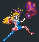  1girl american_flag_legwear american_flag_shirt black_background blonde_hair clownpiece collar facepaint faygo full_body grin hat highres holding insane_clown_posse jester_cap looking_at_viewer magic pantyhose red_eyes short_sleeves silhouette simple_background smile solo torch touhou triple-q v 