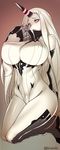  adapted_costume breasts claws detached_sleeves groin highres horn kantai_collection large_breasts leotard long_hair looking_at_viewer pale_skin red_eyes ribbed_leotard seaport_hime shinkaisei-kan sideboob solo takeda_aranobu very_long_hair white_hair 