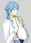  aiguillette alternate_costume bad_id bad_pixiv_id blue_hair dramatical_murder grey_background long_hair male_focus military military_uniform palru_s2 seragaki_aoba simple_background solo uniform yellow_eyes 