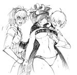 2boys adlet_myer artist_request breasts cleavage eyepatch flamie_speeddraw flower food greyscale hair_flower hair_ornament hairband hans_humpty large_breasts midriff monochrome multiple_boys navel panties popsicle rokka_no_yuusha short_hair simple_background source_request underwear white_background 