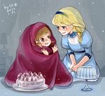  anna_(frozen) blanket blonde_hair braid brown_hair cake candle child elsa_(frozen) food frozen_(disney) hairband highres multiple_girls siblings single_braid sisters smile younger zi_(smily) 