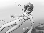  air_bubble bikini breasts bubble cleavage coral diving diving_mask diving_mask_on_eyes fish freediving greyscale medium_breasts monochrome navel original saver_(artbysaver) short_hair smile solo swimming swimsuit underwater 