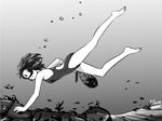  :&lt; air_bubble bare_legs barefoot breath bubble coral diving diving_mask diving_mask_on_eyes fish freediving greyscale holding_breath monochrome net one-piece_swimsuit original saver_(artbysaver) short_hair sketch solo swimming swimsuit underwater 