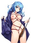  bangs blue_eyes blue_hair blush breasts censored come_hither crotch_rub flashing floral_print gun gun_in_pussy japanese_clothes kantai_collection kimono kishimen long_hair long_sleeves looking_at_viewer masturbation medium_breasts mosaic_censoring naked_kimono naked_robe navel nipples object_insertion open_clothes open_kimono pussy pussy_juice rifle shibari simple_background smile solo standing urakaze_(kantai_collection) vaginal vaginal_object_insertion vaginal_object_push weapon white_background yukata 