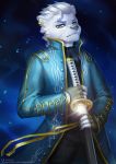  anthro black_nose capcom clothed clothing coat devil_may_cry fingerless_gloves fur gloves green_eyes hair holding_object holding_weapon looking_at_viewer male mammal melee_weapon mustelid otter piercing solo standing sword vergil_(devil_may_cry) vertry video_games weapon white_fur white_hair 