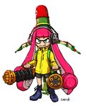  artist_name bag bike_shorts boots cross-laced_footwear dated domino_mask dual_wielding full_body gatling_gun green_eyes grin gun headphones heavy_splatling_(splatoon) holding ink_tank_(splatoon) inkling inkstrike_(splatoon) jacket long_hair long_sleeves mask minigun missile pink_hair signature smile solo splash_wall_(splatoon) splatoon_(series) splatoon_1 standing tentacle_hair weapon white_background yoshida_inuhito 