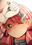  akashi_(kantai_collection) bandana blush close-up commentary_request face gloves green_eyes hair_ribbon highres kantai_collection long_hair looking_at_viewer one_eye_closed pink_hair portrait ribbon solo sweat tress_ribbon white_gloves wrench yasume_yukito 