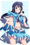  absurdres black_hair blue_eyes dress highres idolmaster idolmaster_million_live! long_hair looking_at_viewer microphone mogami_shizuka outstretched_arm smile solo wkdnlwoddl 