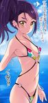  bad_id bad_twitter_id blush earrings highres jewelry noripachi pretty_(series) pripara purple_hair short_hair side_ponytail solo swimsuit toudou_shion wet yellow_eyes 