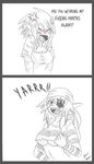  2koma anger_vein breasts comic echidna_(monster_musume) english eyepatch fang feisty_(drawfag) female_pervert greyscale hair_ornament hairclip head_fins head_scarf highres lamia large_breasts mako_(monster_musume) mermaid monochrome monster_girl monster_musume_no_iru_nichijou multiple_girls object_on_head panties panties_on_head pervert pointy_ears profanity scales scar shark_girl shark_race_(monster_musume) sharp_teeth shirt signature sketch slit_pupils spot_color stitches striped striped_shirt teeth underboob underwear vest 