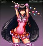  alternate_costume armpits arms_up bad_id bad_pixiv_id black_hair bow branch breasts brown_eyes bunny_hair_ornament contrapposto cowboy_shot dated detached_collar hair_ornament hime_cut houraisan_kaguya jeweled_branch_of_hourai leotard long_hair looking_at_viewer maco_(macoillust) medium_breasts microskirt pink_leotard skirt smile solo standing thighhighs touhou very_long_hair 