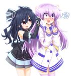  bare_shoulders black_hair blush bottle cold commentary_request d-pad d-pad_hair_ornament elbow_gloves gloves hair_ornament long_hair mizunashi_(second_run) multiple_girls nepgear neptune_(series) purple_eyes purple_hair red_eyes smile snowflakes startled surprised thighhighs trembling two_side_up uni_(choujigen_game_neptune) 