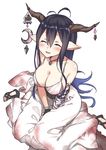  :d ^_^ antenna_hair bandaged_arm bandages bangs bare_shoulders black_gloves blood bloody_clothes bloody_dress blush breasts cleavage closed_eyes collarbone crescent danua draph dress fingerless_gloves gloves granblue_fantasy hair_between_eyes high_heels horn_ornament horns large_breasts long_hair masuishi_kinoto neckerchief open_mouth purple_hair sandals shiny shiny_skin sitting smile solo v_arms wariza white_dress 