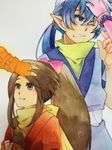  2girls arche_klein blue_eyes blue_hair brown_eyes brown_hair chester_barklight chiu_(cucumber00) falken_barklight fujibayashi_suzu gloves long_hair multiple_boys multiple_girls petting ponytail tales_of_(series) tales_of_phantasia traditional_media watercolor_(medium) 