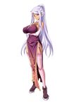  blue_eyes boots breasts china_dress chinese_clothes crossed_arms detached_sleeves dress full_body garter_belt highres hikage_eiji koihime_musou kougai large_breasts long_hair official_art ponytail silver_hair smile solo standing thighhighs transparent_background very_long_hair 