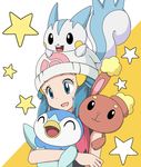  1girl animal_ears bare_shoulders blue_eyes blue_hair buneary bunny_ears female happy hat hikari_(pokemon) long_hair mikan_imo pachirisu piplup pokemon pokemon_(anime) pokemon_dppt simple_background smile 