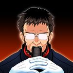  black_hair brown_hair eating ehoumaki food gendou_pose glasses gloves gradient gradient_background hands_clasped ikari_gendou makizushi male_focus neon_genesis_evangelion opaque_glasses own_hands_together parody phallic_symbol sexually_suggestive solo sushi tk8d32 white_gloves 