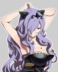  armpits arms_behind_head breasts bustier camilla_(fire_emblem_if) cleavage fire_emblem fire_emblem_if hair_over_one_eye kero_sweet large_breasts lips long_hair purple_eyes purple_hair solo tiara very_long_hair wavy_hair 