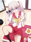  blue_eyes camcorder charlotte_(anime) food hamburger jar long_hair niwatori_kokezou school_uniform serafuku silver_hair sitting tomori_nao two_side_up 