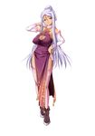  blue_eyes boots breasts china_dress chinese_clothes cleavage cleavage_cutout detached_sleeves dress full_body garter_belt highres hikage_eiji koihime_musou kougai large_breasts long_hair official_art ponytail silver_hair smile solo standing thighhighs transparent_background very_long_hair 