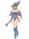  1girl bare_legs bare_shoulders blonde_hair blush boots breasts dark_magician_girl female full_body glamour_works green_eyes hat large_breasts legs long_hair no_bra solo wand wizard_hat yu-gi-oh! yuu-gi-ou_duel_monsters 