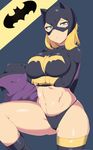  absurdres bad_id bad_pixiv_id batgirl batman_(series) black_panties blonde_hair blue_eyes breast_hold breasts cape crop_top dc_comics highres looking_at_viewer mask navel panties single_thighhigh solo stephanie_brown thighhighs underwear urec 