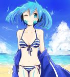 ;) akebisousaku bad_id bad_pixiv_id beach bikini blue_hair blush breasts cloud day ene_(kagerou_project) facial_mark front-tie_bikini front-tie_top groin kagerou_project navel one_eye_closed outdoors sand short_hair short_twintails small_breasts smile solo striped striped_bikini swimsuit twintails water 