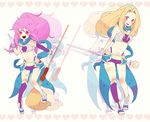  2girls arche_klein blonde_hair blush bracelet breasts broom cleavage cosplay elbow_gloves gloves heart jewelry long_hair midriff mint_adenade multiple_girls navel open_mouth pink_eyes pink_hair ponytail purple_eyes rondorine_e._effenberg scarf shoes shorts staff tales_of_(series) tales_of_phantasia tales_of_phantasia:_narikiri_dungeon_x thighhighs weapon 