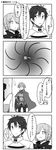  2boys 4koma absurdres booth cape comic commentary_request elbow_pads eye_contact fate/extra fate/grand_order fate_(series) fujimaru_ritsuka_(male) greyscale hand_on_hip happy highres kizaki_uno long_sleeves looking_at_another mash_kyrielight monochrome multiple_boys one_eye_covered pants robin_hood_(fate) smile standing talking translation_request 