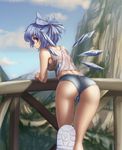  1girl alternate_costume ass bare_shoulders blue_eyes blue_hair blue_wings bow bridge casual cirno denim denim_shorts from_behind hair_bow hater_(hatater) highres ice ice_wings landscape looking_at_viewer midriff no_bra no_panties older partially_visible_vulva shoe_soles short_hair short_shorts shorts solo thighs touhou wings 