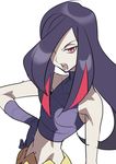  angry azami_(pokemon) black_hair crop_top devanohundosi frontier_brain gloves hair_over_one_eye hand_on_hip long_hair looking_at_viewer midriff multicolored_hair open_mouth pokemon pokemon_(game) pokemon_emerald pokemon_rse purple_gloves red_eyes red_hair solo two-tone_hair white_background 