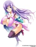  absurdres ass blue_eyes breasts china_dress chinese_clothes cleavage cleavage_cutout detached_sleeves dress full_body high_heels highres koihime_musou kouchuu large_breasts long_hair mature no_panties official_art purple_hair shoes side_slit smile solo standing standing_on_one_leg thighhighs transparent_background yatsuha_kanan 