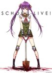  blood bloody_clothes choker ebisuzawa_kurumi famepeera fingerless_gloves gakkou_gurashi! gloves highres knee_pads long_hair looking_at_viewer purple_eyes purple_hair school_uniform shovel skirt smile solo standing striped striped_gloves twintails 