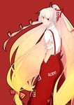  absurdly_long_hair bad_id bad_pixiv_id bangs big_hair blunt_bangs expressionless fujiwara_no_mokou hair_ribbon hand_in_pocket high_ponytail kashiwagi_(pixiv15394393) long_hair looking_at_viewer looking_back pants red_background red_eyes red_pants ribbon simple_background solo suspenders torn_sleeve touhou tress_ribbon very_long_hair 