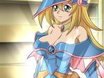  1girl bare_shoulders blonde_hair blush blush_stickers breasts cleavage dark_magician_girl female glamour_works green_eyes hat large_breasts long_hair no_bra solo summon wallpaper wizard_hat yu-gi-oh! yuu-gi-ou_duel_monsters 