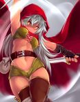  belt boots breasts brown_footwear brown_legwear cape cecily_(sennen_sensou_aigis) cleavage fingerless_gloves gloves grey_hair highres hood knife medium_breasts midriff navel pouch red_cape sennen_sensou_aigis solo thigh_boots thighhighs usuki_(graygreed) yellow_eyes 