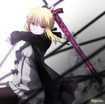  artist_name artoria_pendragon_(all) black_ribbon blonde_hair dress fate/stay_night fate_(series) frills highres magicians_(zhkahogigzkh) ribbon saber_alter solo sword thighhighs weapon yellow_eyes 