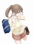  adjusting_clothes adjusting_shoe bag brown_eyes brown_hair cardigan food food_in_mouth late_for_school loafers long_hair looking_back magekichi mouth_hold original plaid plaid_skirt ponytail school_bag school_uniform shoes skirt solo toast toast_in_mouth 
